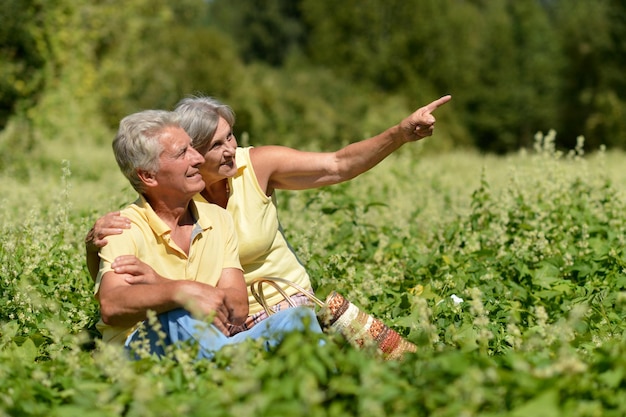 Beau couple d'âge mûr assis sur l'herbe verte dans le parc d'été