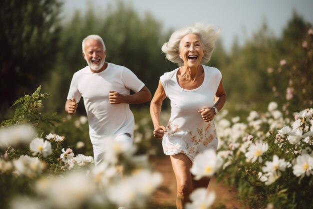 Beau couple d'âge mûr faisant du jogging dans la nature vivant en bonne santé