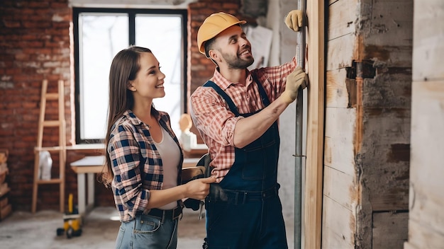 Un beau couple amoureux effectuant des travaux de construction ensemble