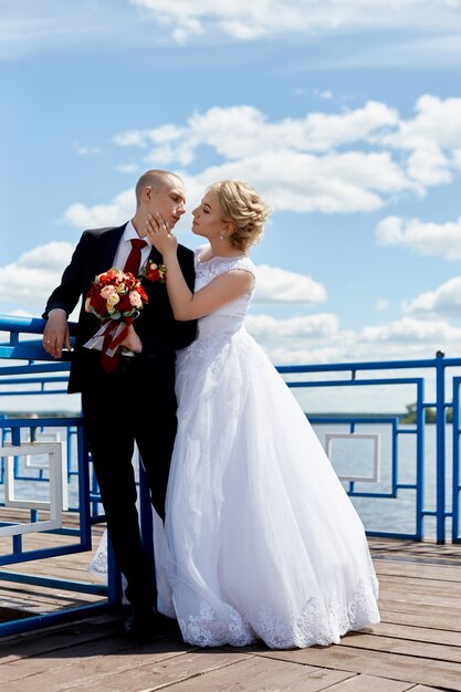 Un Beau Couple Amoureux Inscrit Un Mariage Et Se Promène Le Long De La Belle Promenade