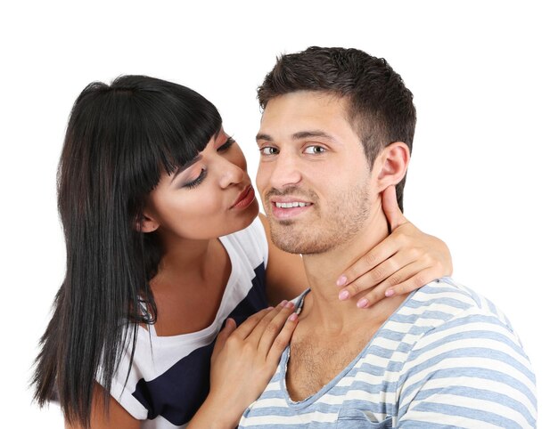 Beau Couple D'amoureux S'embrasser Isolé Sur Blanc