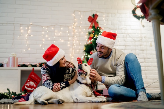 Beau couple amoureux souriant jouant avec le chien blanc heureux à la maison pour les vacances de Noël.