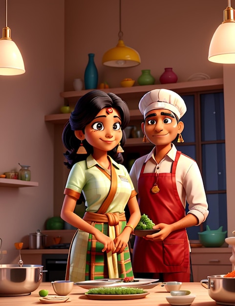 Un beau couple d'apparence indienne cuisine dans la cuisine.