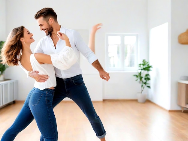 Un beau couple dansant ensemble à la maison.