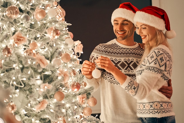 Le beau couple décorant le sapin de Noël