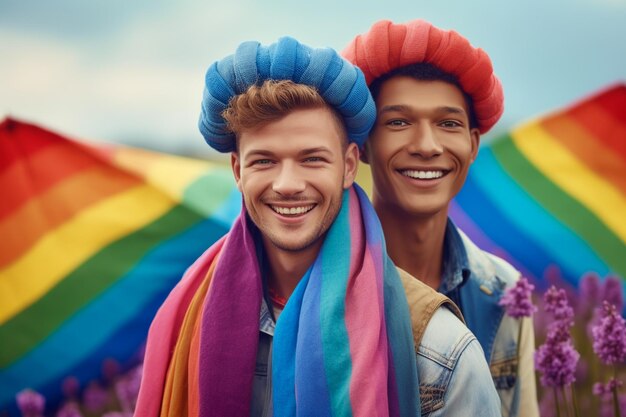 Photo un beau couple gay heureux aux couleurs de l'arc-en-ciel dans un champ de fleurs fond d'écran du mois de la fierté lgbtq