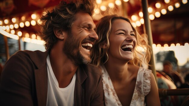 Un beau couple heureux riant dans un carrousel à Luna Park