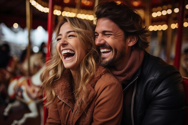 Un beau couple heureux riant dans un carrousel à Luna Park