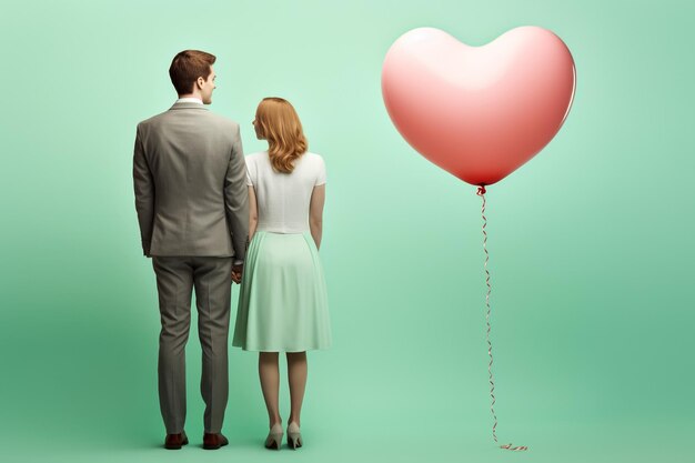 Un beau couple heureux se regardant et tenant des ballons le jour de la Saint-Valentin