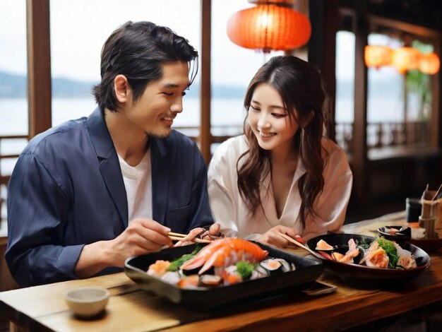 Un beau couple japonais mangeant de la cuisine japonaise avec des fruits de mer frais