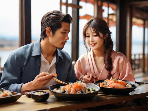 Photo un beau couple japonais mangeant de la cuisine japonaise avec des fruits de mer frais