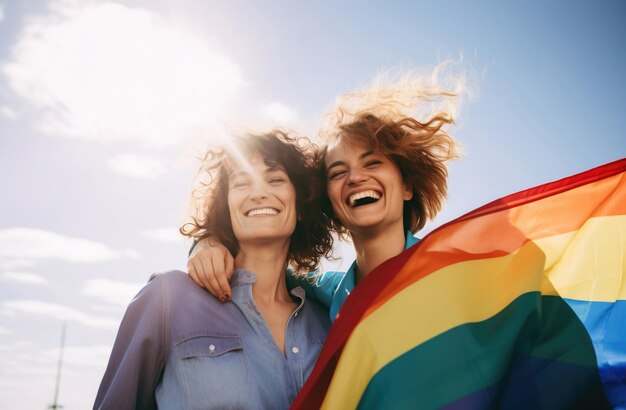 Photo un beau couple de jeunes lesbiennes s'embrassent et tiennent un drapeau arc-en-ciel lors du défilé de la fierté pour l'égalité.