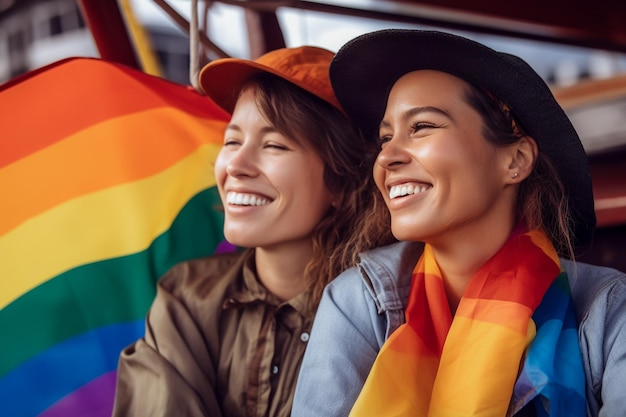 Beau couple de lesbiennes dans un bateau à Amsterdam célébrant la fierté lgbtq avec des motifs de drapeau arc-en-ciel