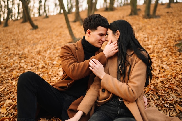 Beau couple marchant dans la forêt d'automne