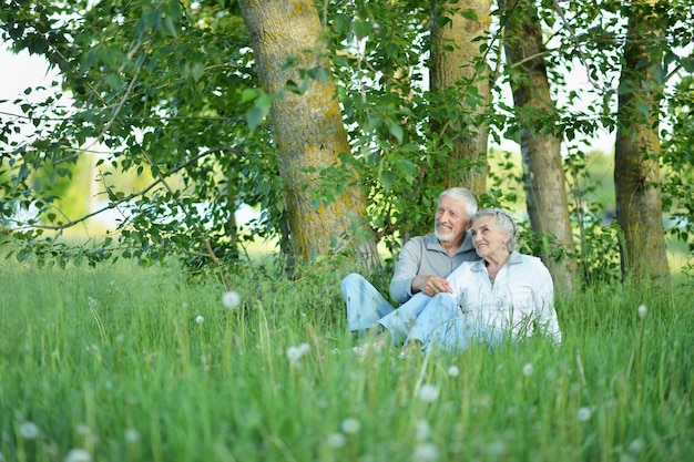 Beau couple mature assis sur l'herbe verte