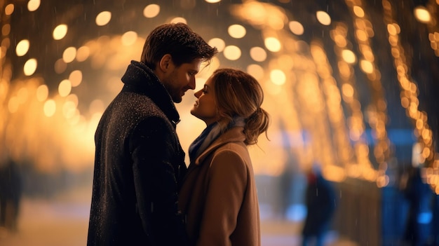 Un beau couple patinant sur la glace en hiver se regardant et s'embrassant romantiquement la nuit