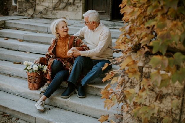 Beau couple de personnes âgées assis dans les escaliers avec panier plein de fleurs et d'épicerie