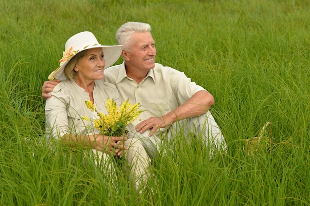 Beau couple de personnes âgées dans un champ d'été