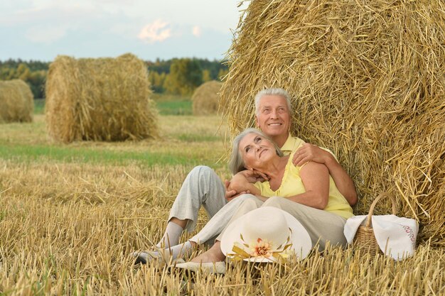 Beau couple de personnes âgées heureux dans le domaine de l'été