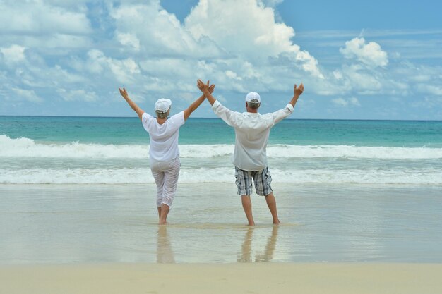 Beau couple de personnes âgées heureux avec les mains levées au complexe tropical