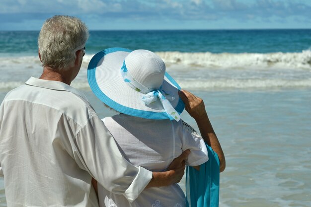 Photo beau couple de personnes âgées heureux reste au tropical resort, vue arrière