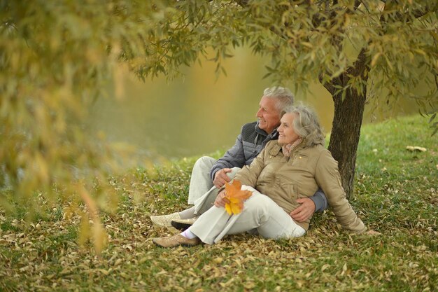 Beau couple senior heureux se détendre dans le parc avec des feuilles d'automne