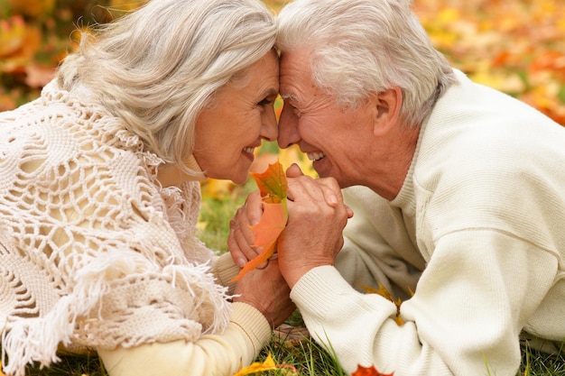 Beau couple senior relaxant dans le parc