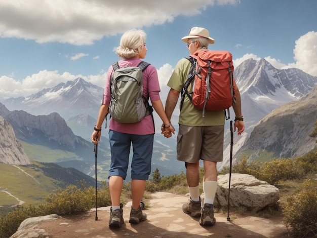Un beau couple de seniors fait de la randonnée avec des sacs à dos et des bâtons de trekking dans la forêt.
