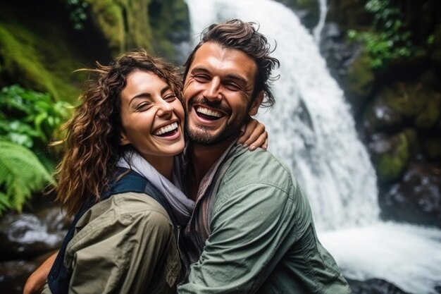 Un beau couple souriant posant près d'une cascade dans la jungle.