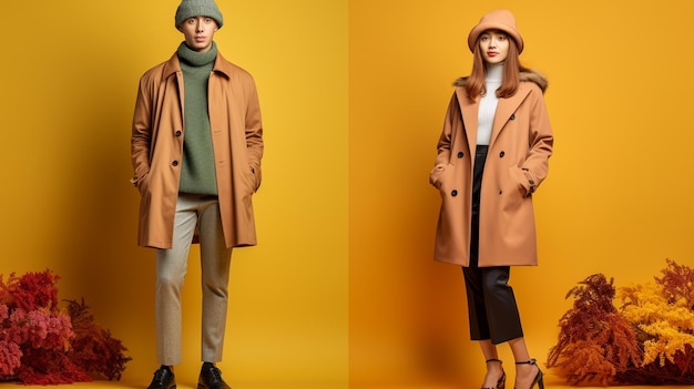 beau couple en vêtements élégants posant sur un fond de couleur