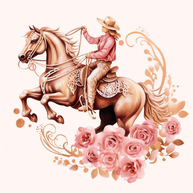 Photo beau cowboy rose avec un lasso à cheval illustration clipart