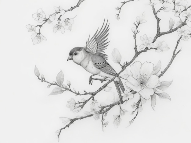 UN BEAU CROQUIS D'OISEAUX CERISIER DU JAPON