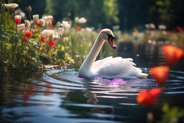 Le beau cygne blanc dans un étang d'été