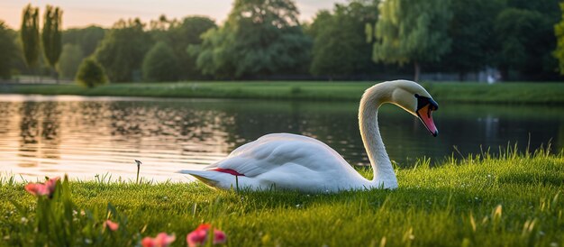 Un beau cygne blanc nage le long d'un canal étroit sur le fond du coucher de soleil rose