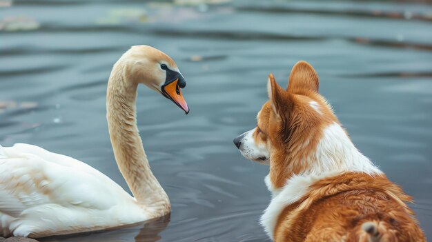 Un beau cygne et un mignon corgi se regardent dans le lac le cygne est blanc et gracieux tandis que le corgi est brun et moelleux