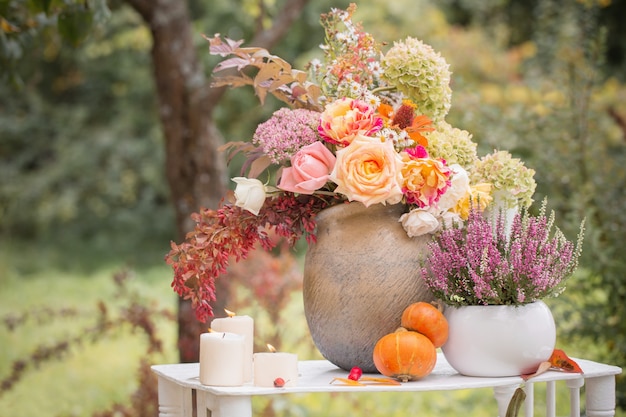 Beau décor d'automne avec des fleurs, des baies, des citrouilles dans le jardin