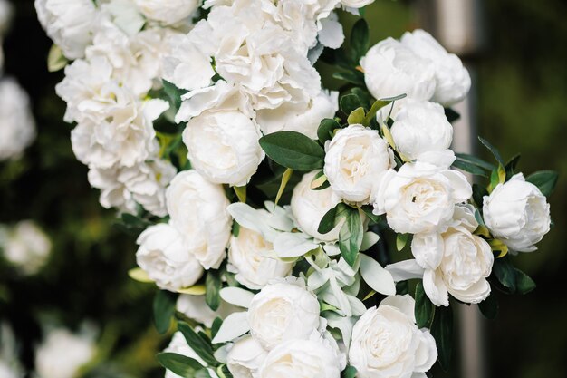 Beau décor de mariageArche décorée de fleurs blanches et de chaises en boisBeau décor de mariagePlace pour la cérémonie de mariage dans le jardin