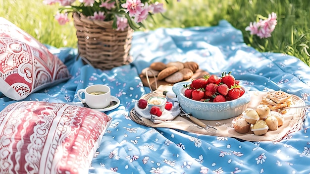 Un beau décor de pique-nique avec une nappe à carreaux bleu et blanc un panier de fleurs roses et un plateau en bois de nourriture