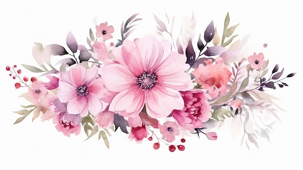 beau design floral de mariage avec aquarelle de jardin de fleurs roses sur fond blanc