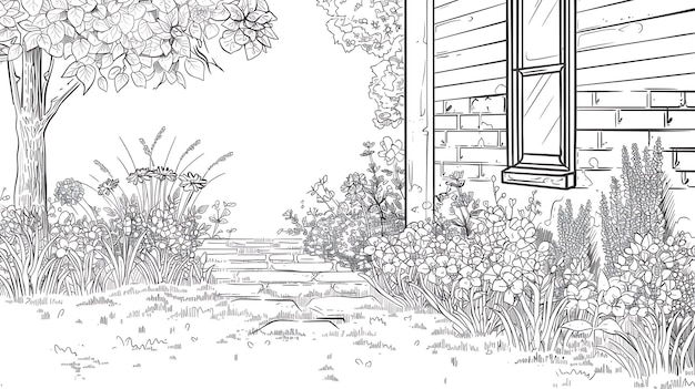 Photo un beau dessin en ligne d'un jardin avec des fleurs d'arbres et une maison en arrière-plan