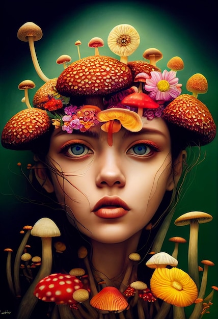 Beau dessin de portrait de jeune fille avec des champignons poussant de sa tête
