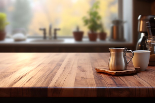 Beau dessus de table en bois avec un Bokeh flou Intérieur de cuisine parfait pour le placement de produits