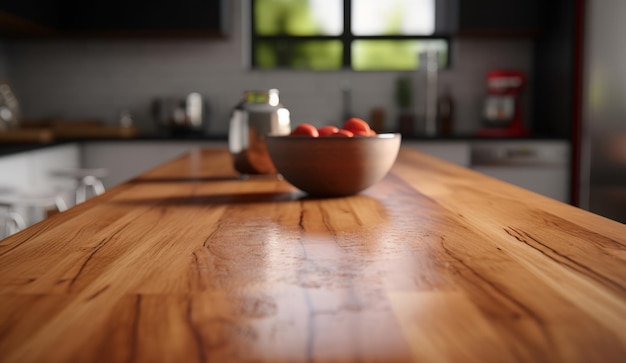 Beau dessus de table en bois avec tomate rouge floue sur plat et intérieur de cuisine moderne flou bokeh