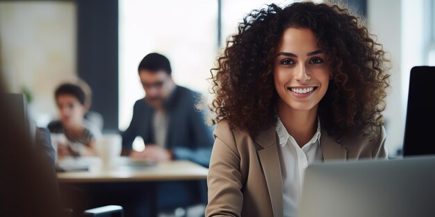 Un beau directeur est assis à un bureau dans un bureau créatif jeune femme élégante avec les cheveux bouclés utilisant un ordinateur portable dans une agence de marketing