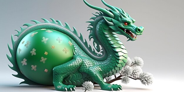 Un beau dragon vert avec une boule du Nouvel An au lieu d'une partie du tronc sur un fond clair un symbole du nouvel an chinois 2024 bonne chance prospérité richesse Large espace de copie de bannière