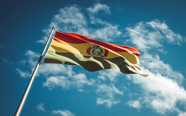 Beau drapeau national de l'état de la Bolivie flottant à fond de ciel.