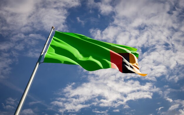 Beau drapeau national de la Zambie flottant sur le ciel bleu