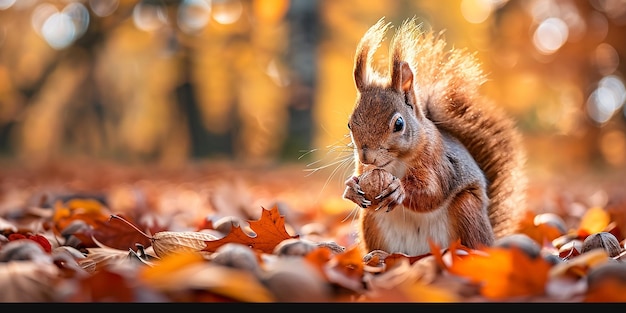 Photo beau écureuil mignon collectant des noix dans le paysage d'automne coloré tombe forêt arrière-plan hiver