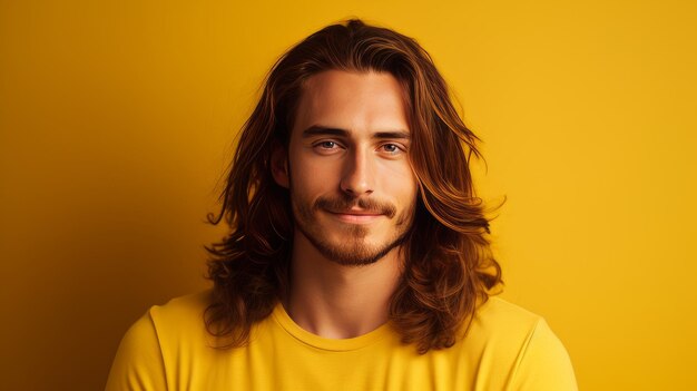Beau, élégant, sexy, souriant, homme caucasien avec une peau parfaite et des cheveux longs sur un jaune
