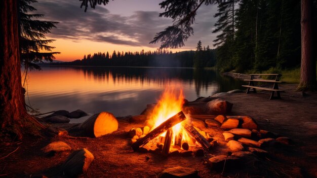 Beau feu de camp dans la soirée à la forêt réseau neuronal ai généré